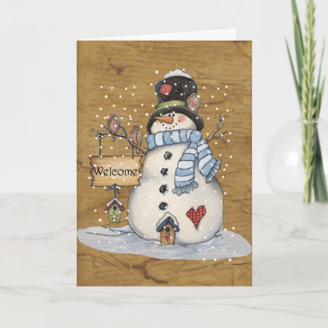 Folk Art Snowman on Parchment Greeting Card (Front)