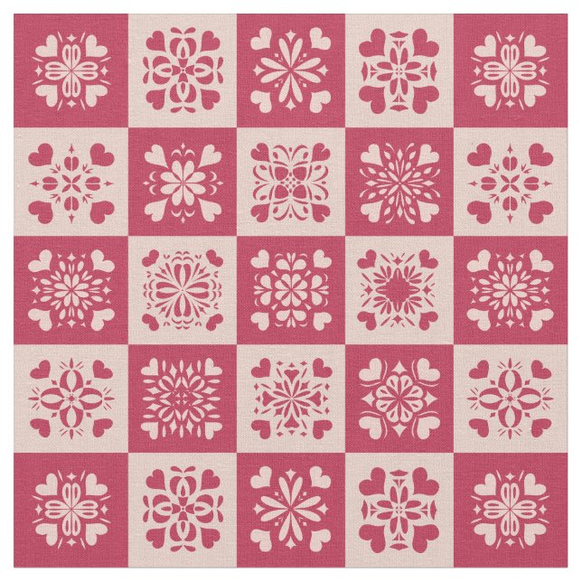Folk Art Stenciled Heart Pattern Red and Pink Fabric (Close Up)