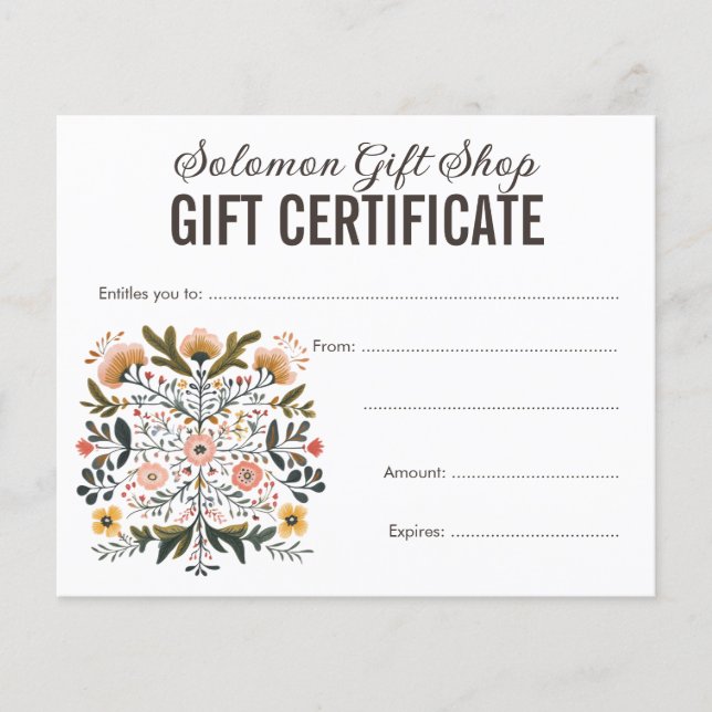 Folk Art Store Shop Gift Voucher Certificate (Front)