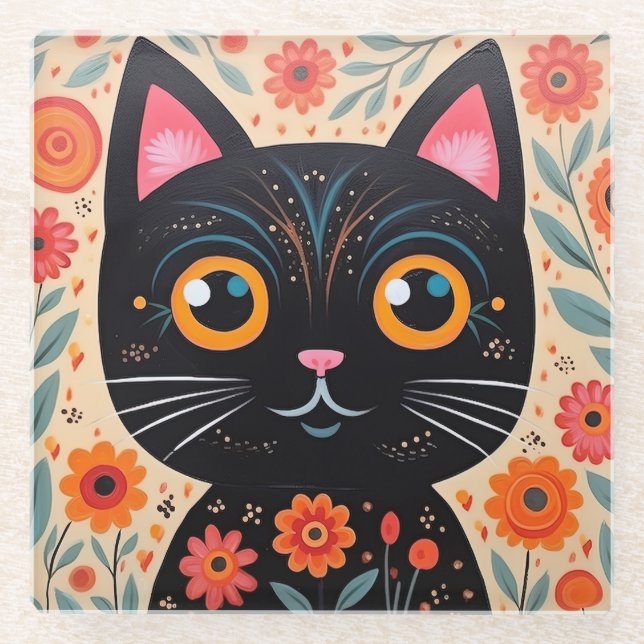 Folk Art Style Black Cat Glass Coaster (Front)