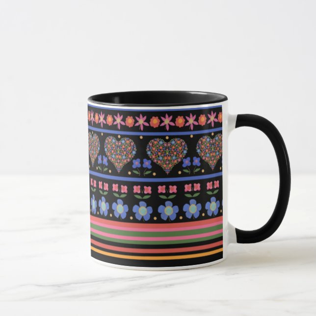 Folk Art Style Border on Black Ringer Coffee Mug (Right)