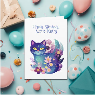 Folk Art Style Cat and Flowers Aunt's Birthday Card