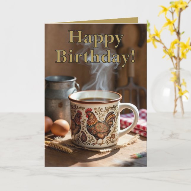 Folk Art Style Chicken On A Streaming Coffee Mug  Card (Yellow Flower)