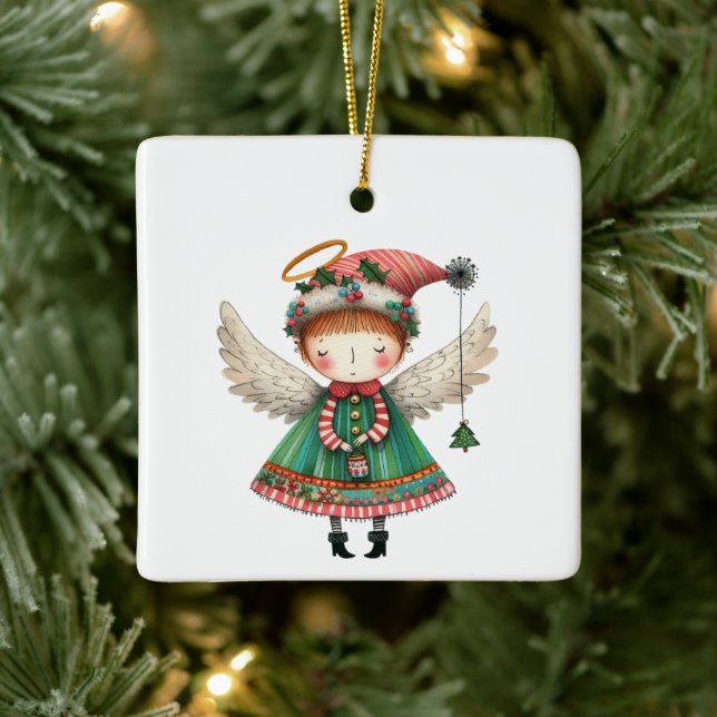 Folk Art Style Cute Angel Ceramic Ornament (Tree)