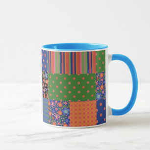 Folk Art Style Faux Patchwork Ringer Coffee Mug