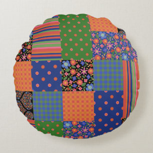 Folk Art Style Faux Patchwork Round Throw Pillow