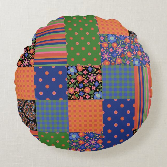 Folk Art Style Faux Patchwork Round Throw Pillow (Front)