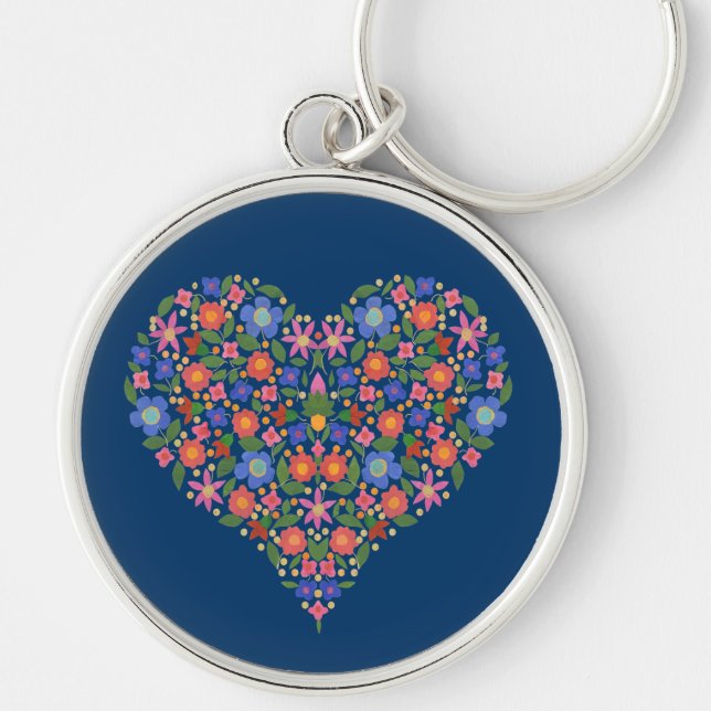 Folk Art Style Floral Heart Blue Round Keychain (Front)
