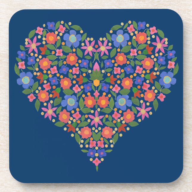 Folk Art Style Floral Heart, Blue Set of Coasters (Front)