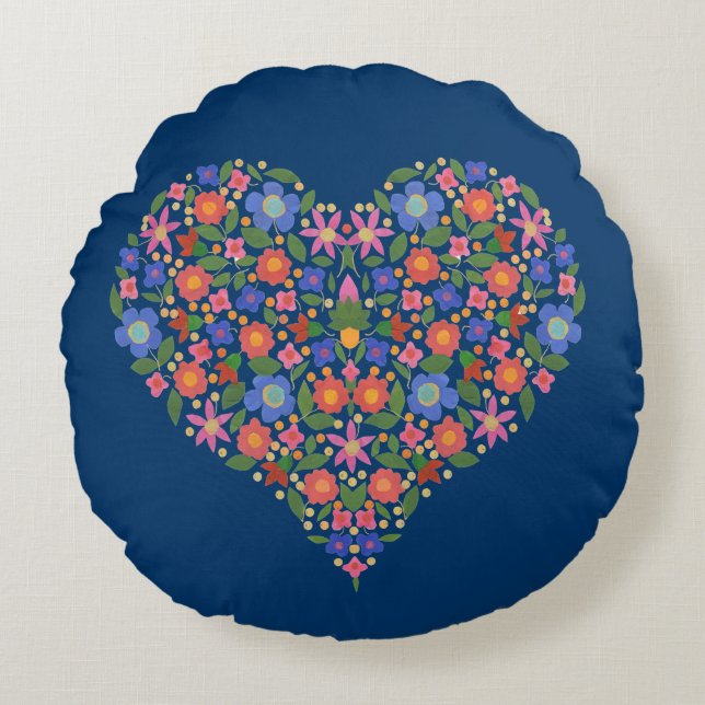 Folk Art Style Floral Heart on Blue Throw Pillow (Front)