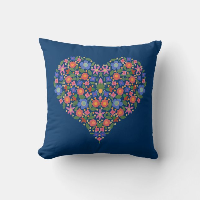 Folk Art Style Floral Heart on Moody Blue Pillow (Front)