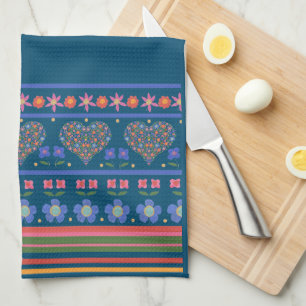 Folk Art Style Floral Hearts Border Kitchen Towel