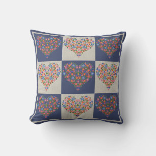 Folk Art Style Floral Hearts Checkerboard Pillow