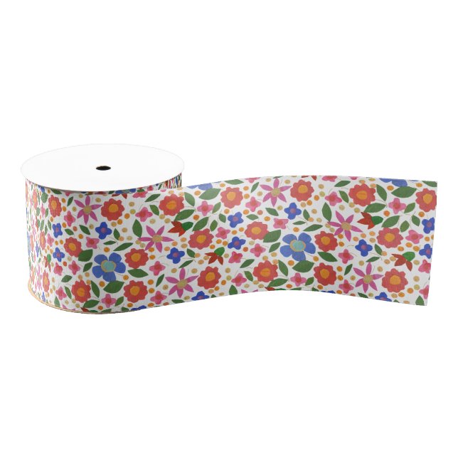 Folk Art Style Floral Mini-print 3-inch Ribbon Grosgrain Ribbon (Spool)