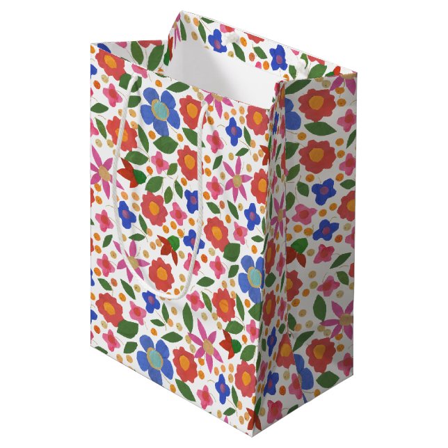 Folk Art Style Floral Mini-print Medium Gift Bag (Front Angled)