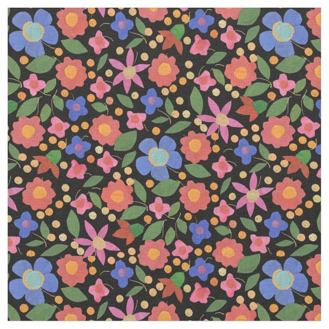 Folk Art Style Floral on Black Custom Fabric (Close Up)