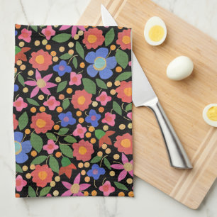 Folk Art Style Floral on Black Kitchen Towel