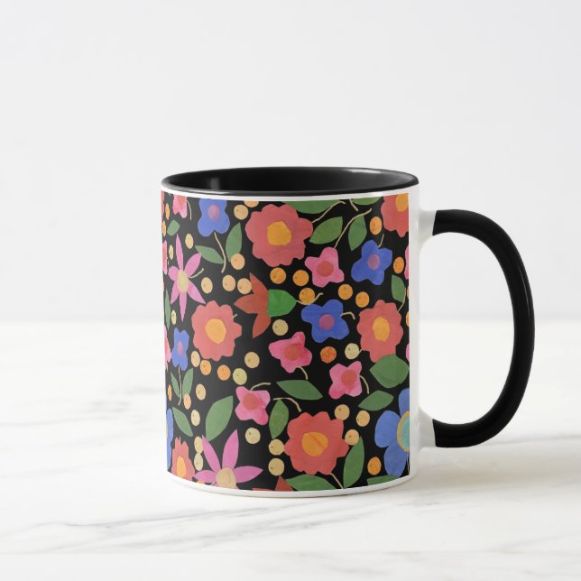 Folk Art Style Floral on Black Ringer Coffee Mug (Right)