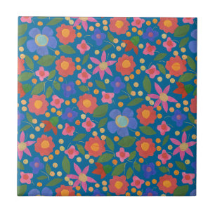 Folk Art Style Floral on Blue Ceramic Tile