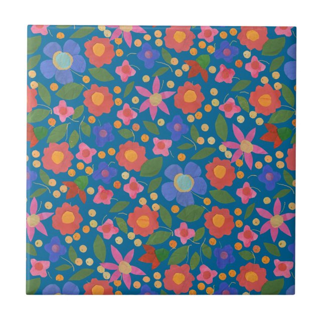 Folk Art Style Floral on Blue Ceramic Tile (Front)
