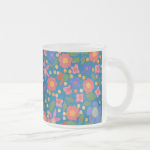 Folk Art Style Floral on Blue Glass Coffee Mug