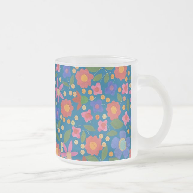 Folk Art Style Floral on Blue Glass Coffee Mug (Right)