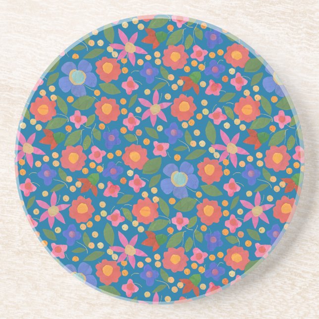 Folk Art Style Floral on Blue Sandstone Coaster (Front)