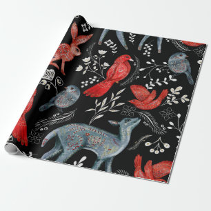 Folk-art style floral pattern designs wrapping paper