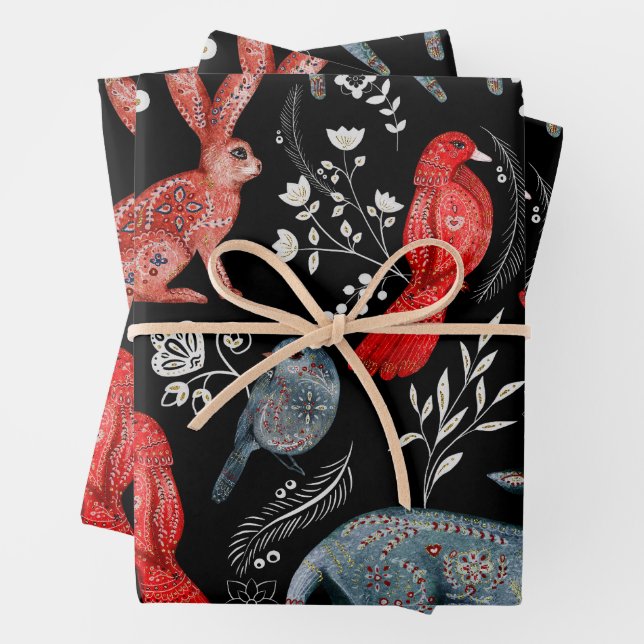 Folk-art style floral  pattern designs wrapping paper sheet (In situ)