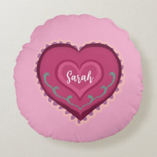 Folk Art style pink heart decorated Ornament Round Cushion