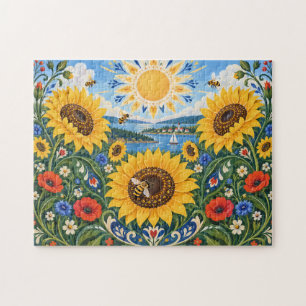 Folk Art Sunflowers Bees Lakeside Landscape Jigsaw Puzzle