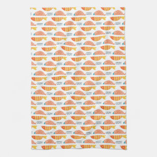 Folk Art Swimming Fish Pattern Tea Towel