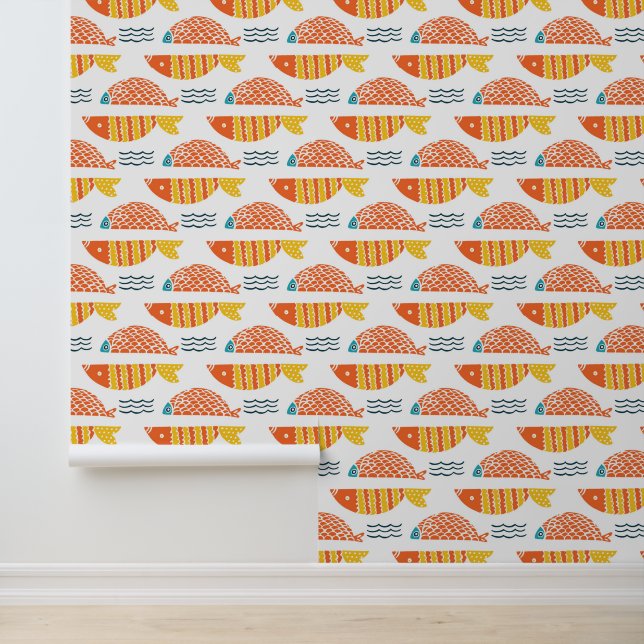 Folk Art Swimming Fish Pattern Wallpaper (Application)