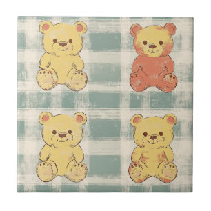 Folk Art Teddy Bears in Rust and Mustard Gingham Tile
