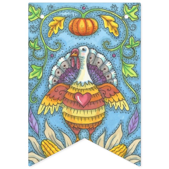 FOLK ART THANKSGIVING TURKEY, PARTY BUNTING BANNER (Third Flag)