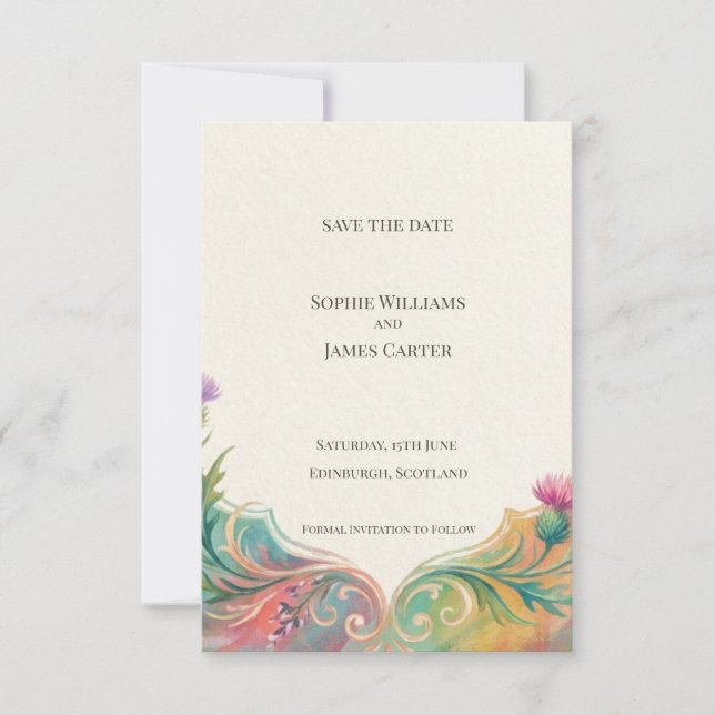 Folk Art Thistle Save the Date Card (Front)