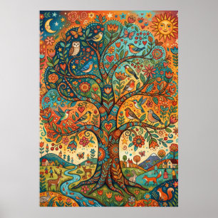 Folk Art Tree of Life Art Print Colourful Celest