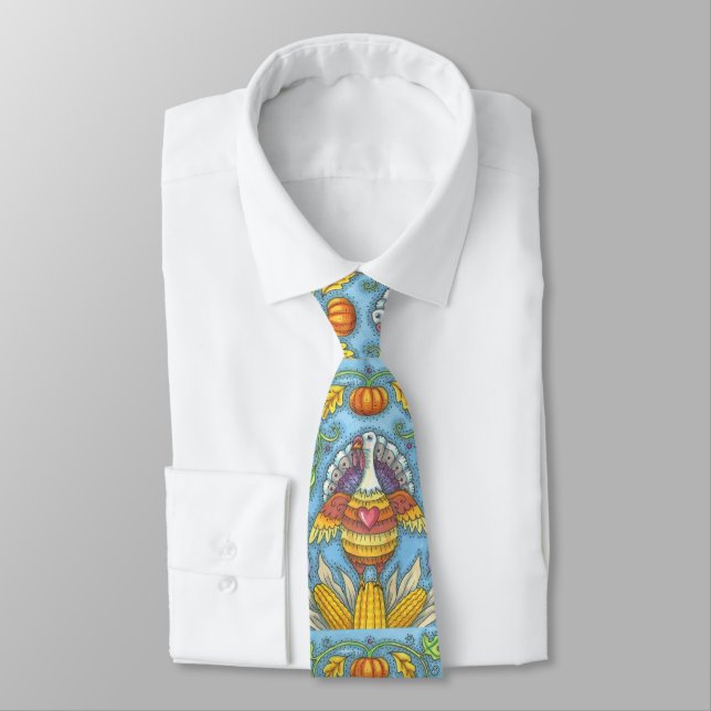 FOLK ART TURKEY, COLORFUL THANKSGIVING HOLIDAY TIE (Tied)