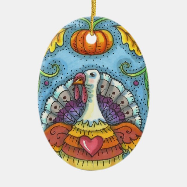 FOLK ART TURKEY, COLORS OF THANKSGIVING SEASONAL CERAMIC TREE DECORATION (Front)