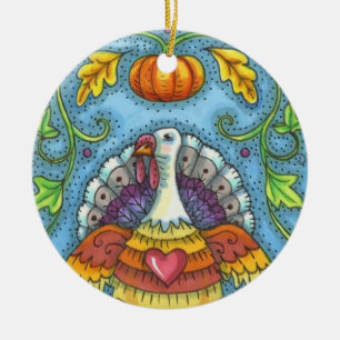 FOLK ART TURKEY, COLORS OF THANKSGIVING SEASONAL CERAMIC TREE DECORATION