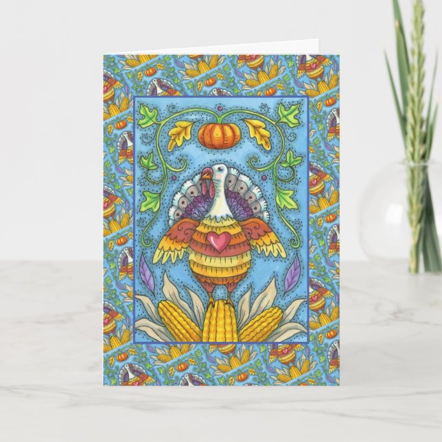 FOLK ART TURKEY, COLORS OF THANKSGIVING SEASONAL HOLIDAY CARD (Front)