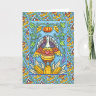 FOLK ART TURKEY, COLORS OF THANKSGIVING SEASONAL HOLIDAY CARD