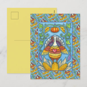 FOLK ART TURKEY, COLORS OF THANKSGIVING SEASONAL HOLIDAY POSTCARD