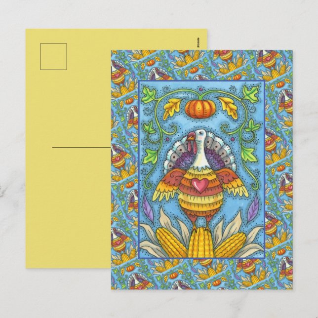 FOLK ART TURKEY, COLORS OF THANKSGIVING SEASONAL HOLIDAY POSTCARD (Front/Back)