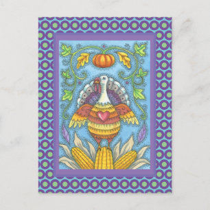 FOLK ART TURKEY, COLORS OF THANKSGIVING SEASONAL POSTCARD