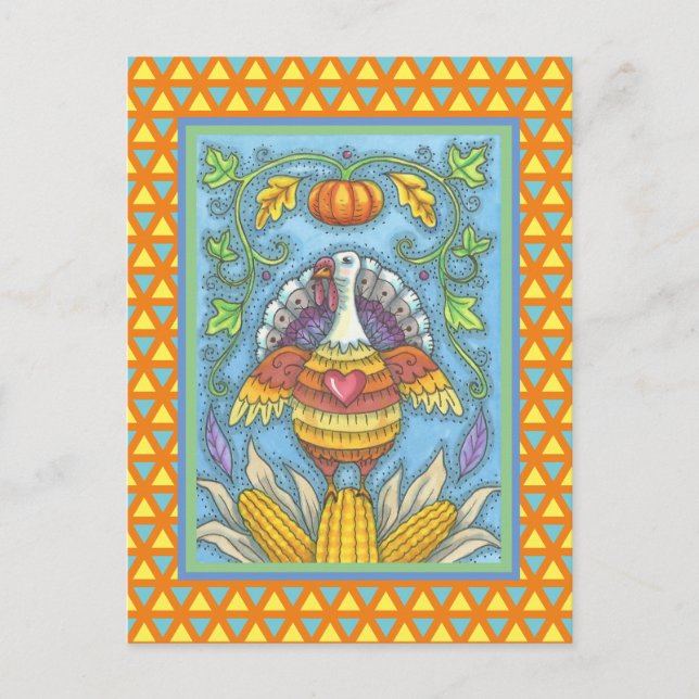 FOLK ART TURKEY, COLORS OF THANKSGIVING SEASONAL POSTCARD (Front)