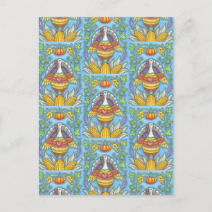 FOLK ART TURKEY, COLORS OF THANKSGIVING SEASONAL POSTCARD