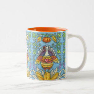 FOLK ART TURKEY & CORN THANKSGIVING TWO TONE MUG