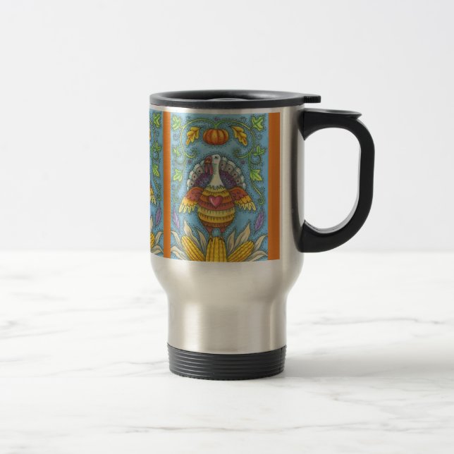 FOLK ART TURKEY, THANKSGIVING COMMUTER TRAVEL  MUG (Right)