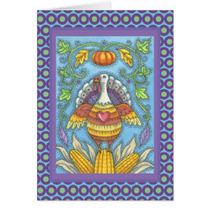 FOLK ART TURKEY THANKSGIVING GREETING CARD Verse
